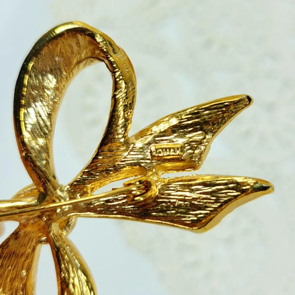 Vintage Roman Gold Electroplate Bow Brooch Pin with Austrian Crystals 90s